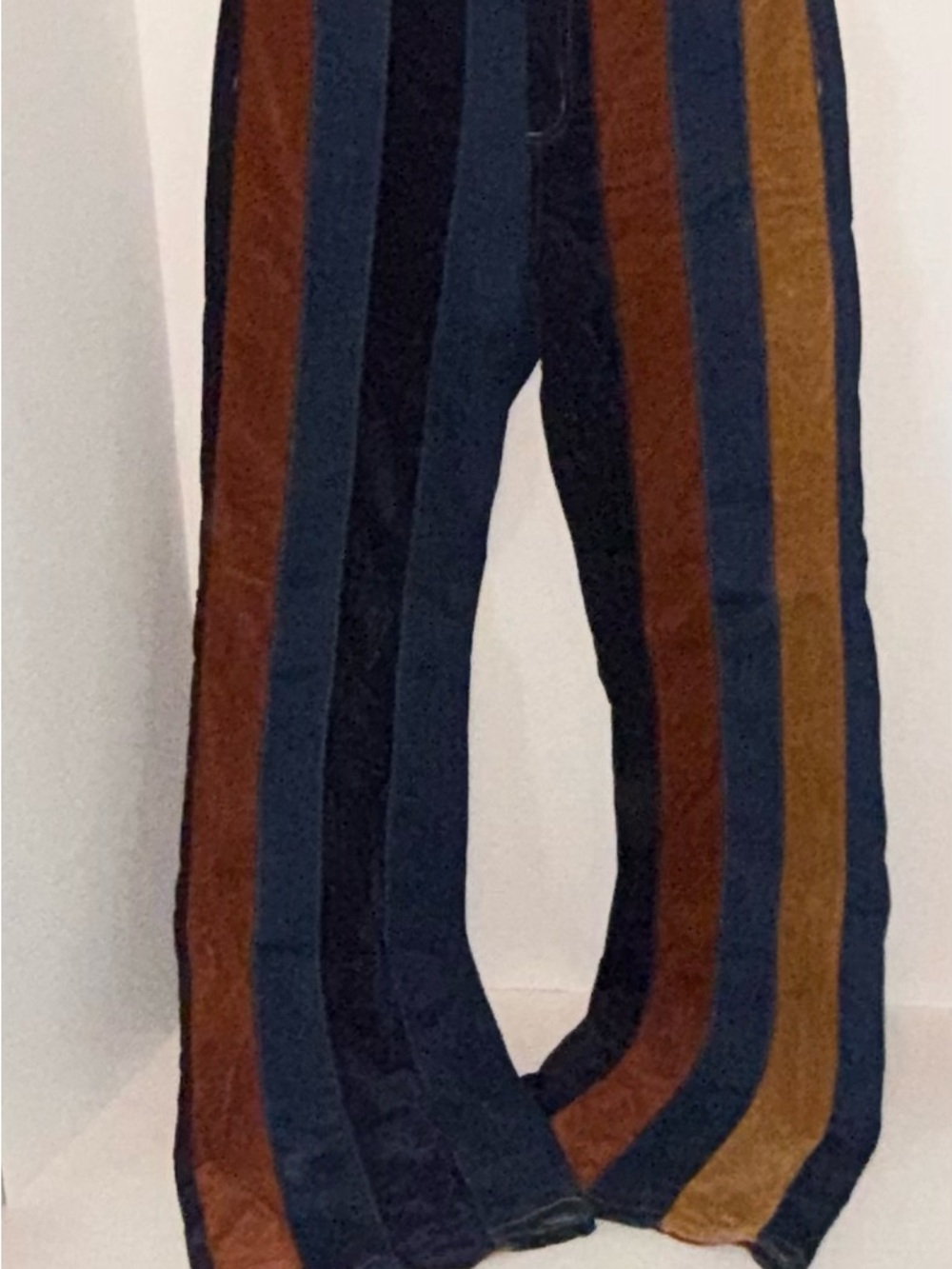 Denim and suede flare jeans, Altar'd State, striped patchwork design